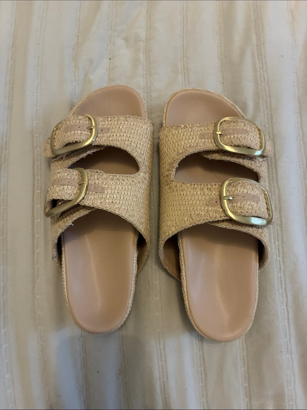 Woven Double-Buckle Slide Sandals in Natural Beige